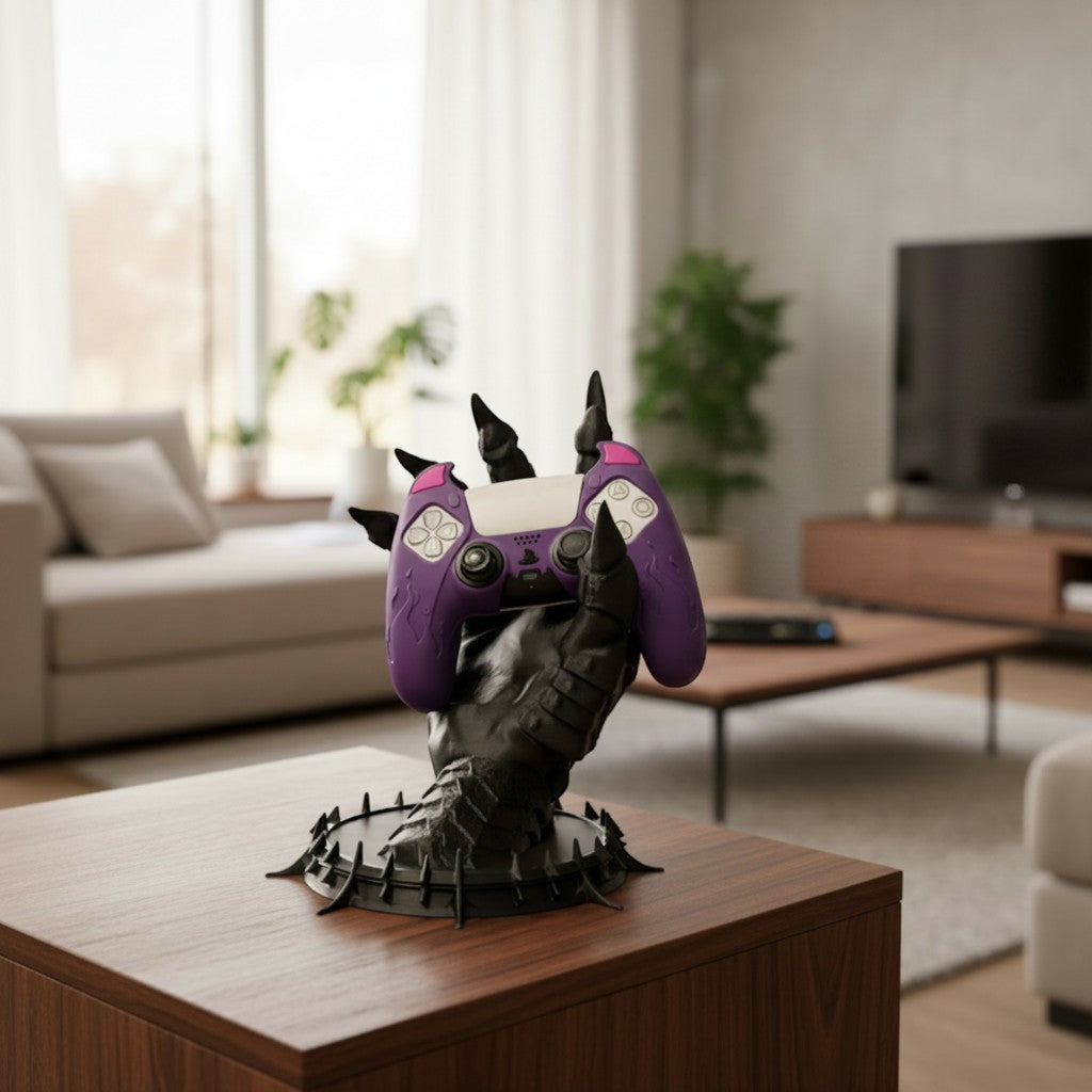 Magicland 3D Sauron Eli dekoratif oyun kumandası tutucu, mor renkli bir kumandayı tutuyor. Siyah el şeklindeki stant, oyun odası veya oturma odası için ideal.