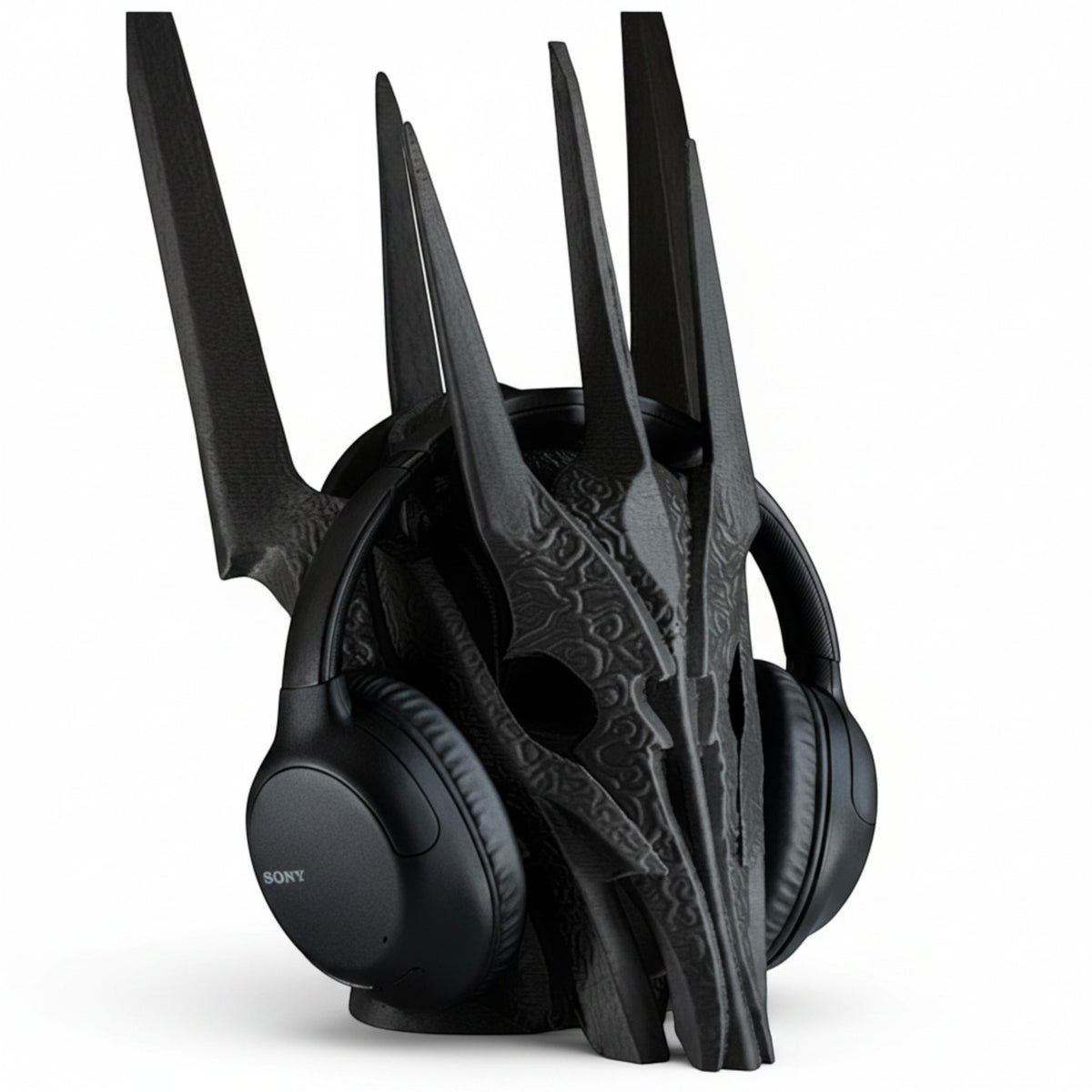Magicland 3D Sauron desktop headphone stand, black, intricate helmet design, perfect for gaming or office.