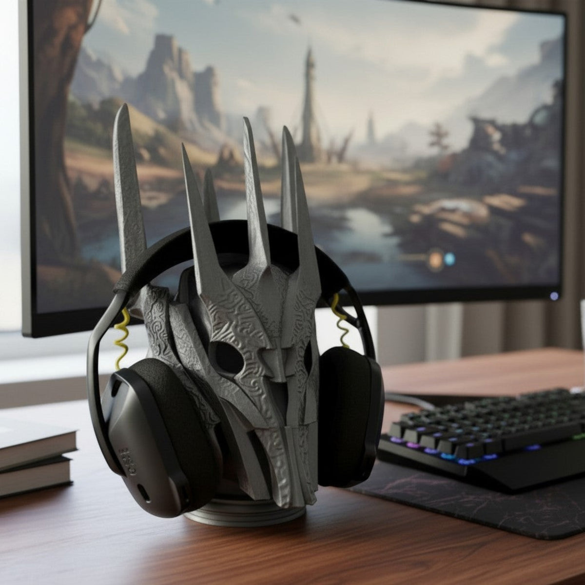 Magicland 3D Sauron desktop headphone stand, a grey, detailed helmet-shaped stand holding black gaming headphones.