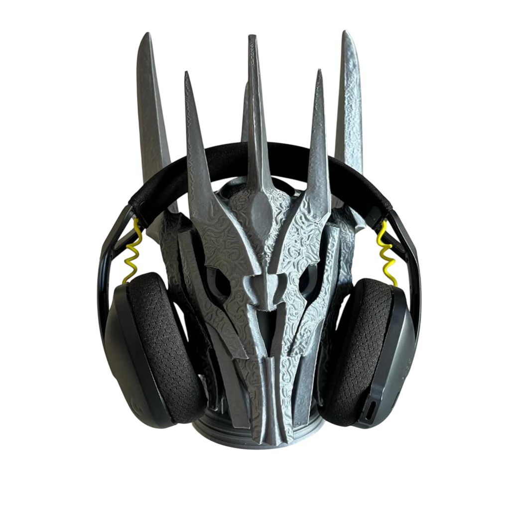 Magicland 3D Sauron desktop headphone stand in silver, shaped like a helmet with intricate details.