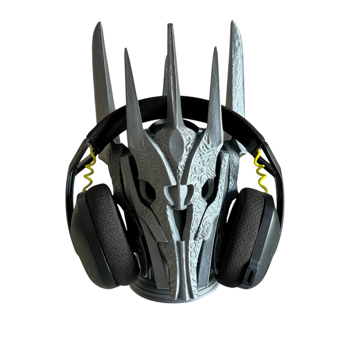 Magicland 3D Sauron desktop headphone stand in silver, shaped like a helmet with intricate details.