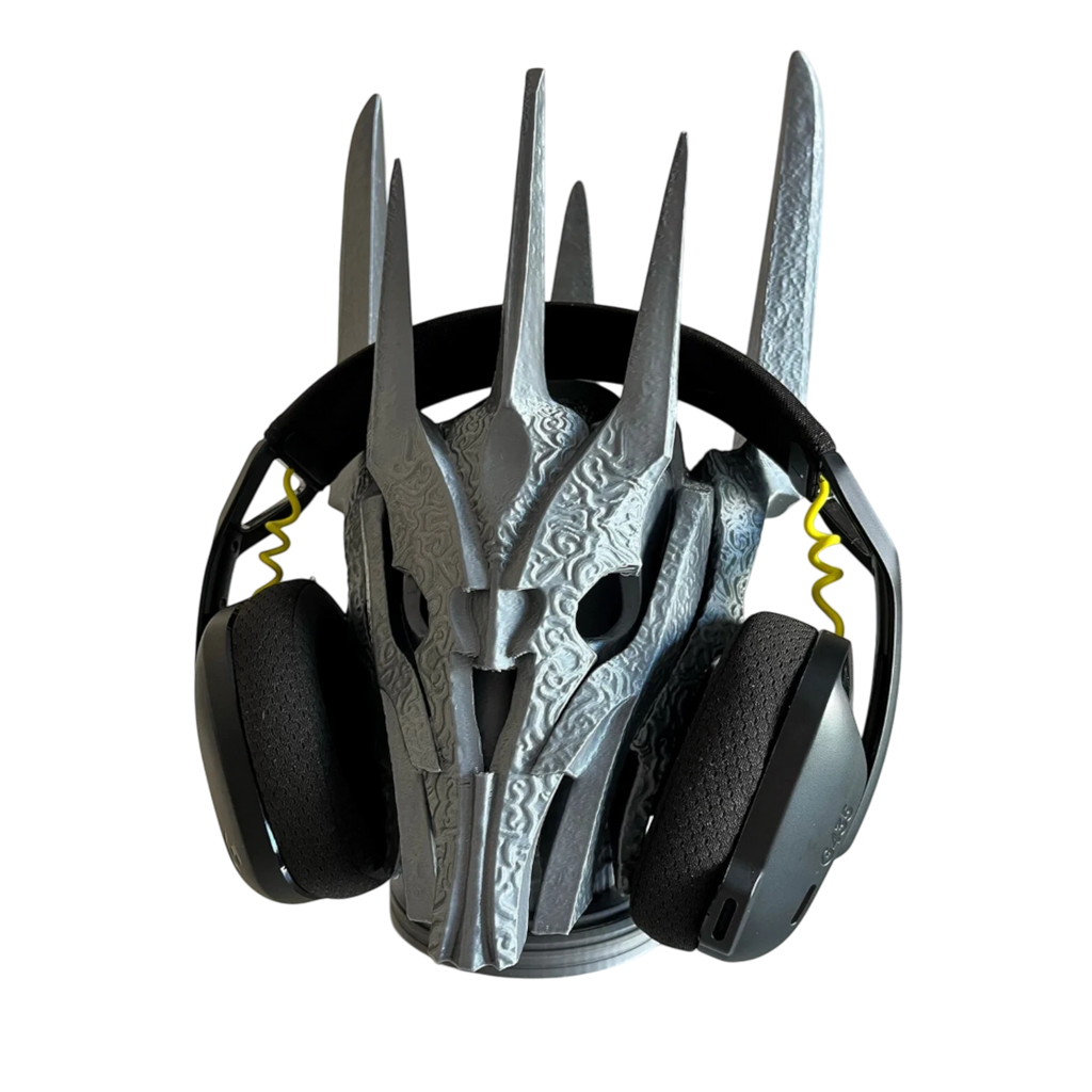 Magicland 3D Sauron desktop headphone stand, silver, 3D printed, Lord of the Rings inspired design.