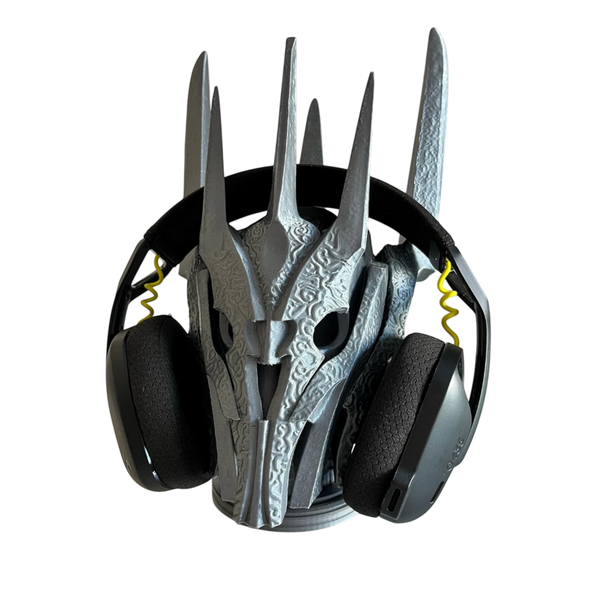 Magicland 3D Sauron desktop headphone stand, silver, 3D printed, Lord of the Rings inspired design.