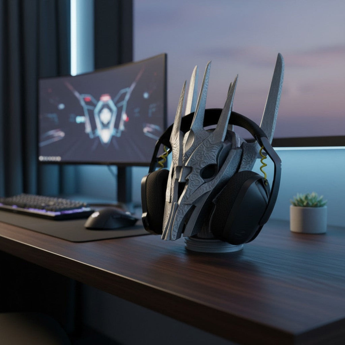 Magicland 3D Sauron helmet headphone stand, silver, intricate details, for gaming setup