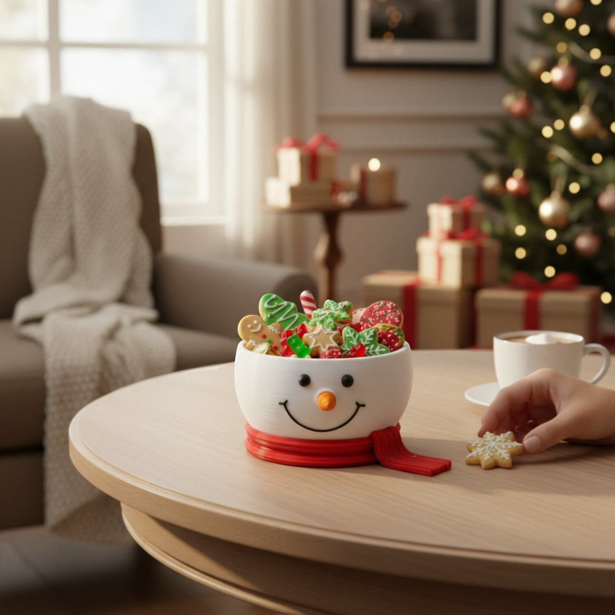 Magicland 3D snowman decorative bowl filled with Christmas cookies, featuring a red scarf and carrot nose.