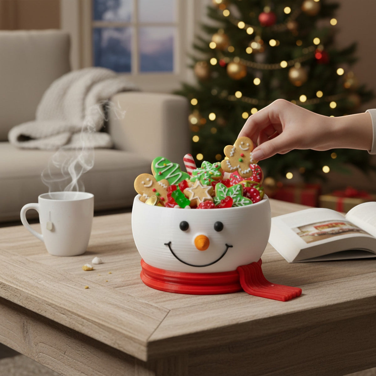 Magicland 3D snowman bowl filled with Christmas cookies and candy, with a hand reaching for a gingerbread man.