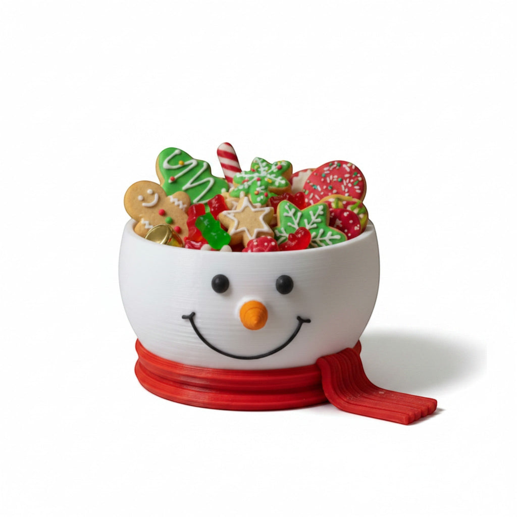 Magicland 3D snowman decorative bowl filled with Christmas cookies and candies, featuring a red scarf.