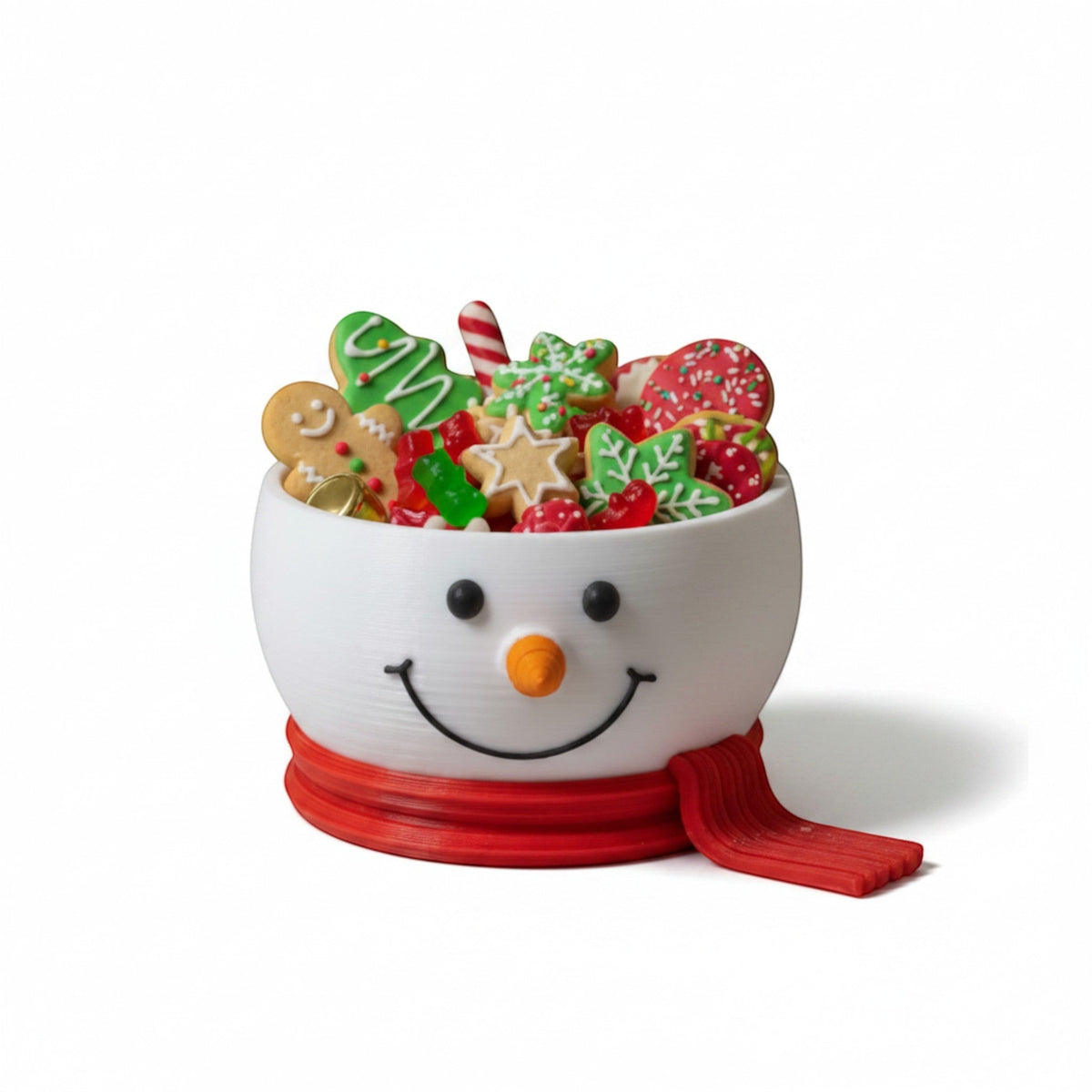 Magicland 3D snowman decorative bowl filled with Christmas cookies and candies, featuring a red scarf.