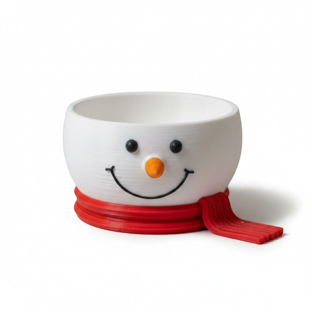 Magicland 3D white snowman decorative bowl with a red scarf, orange carrot nose, black eyes, and smiling mouth.