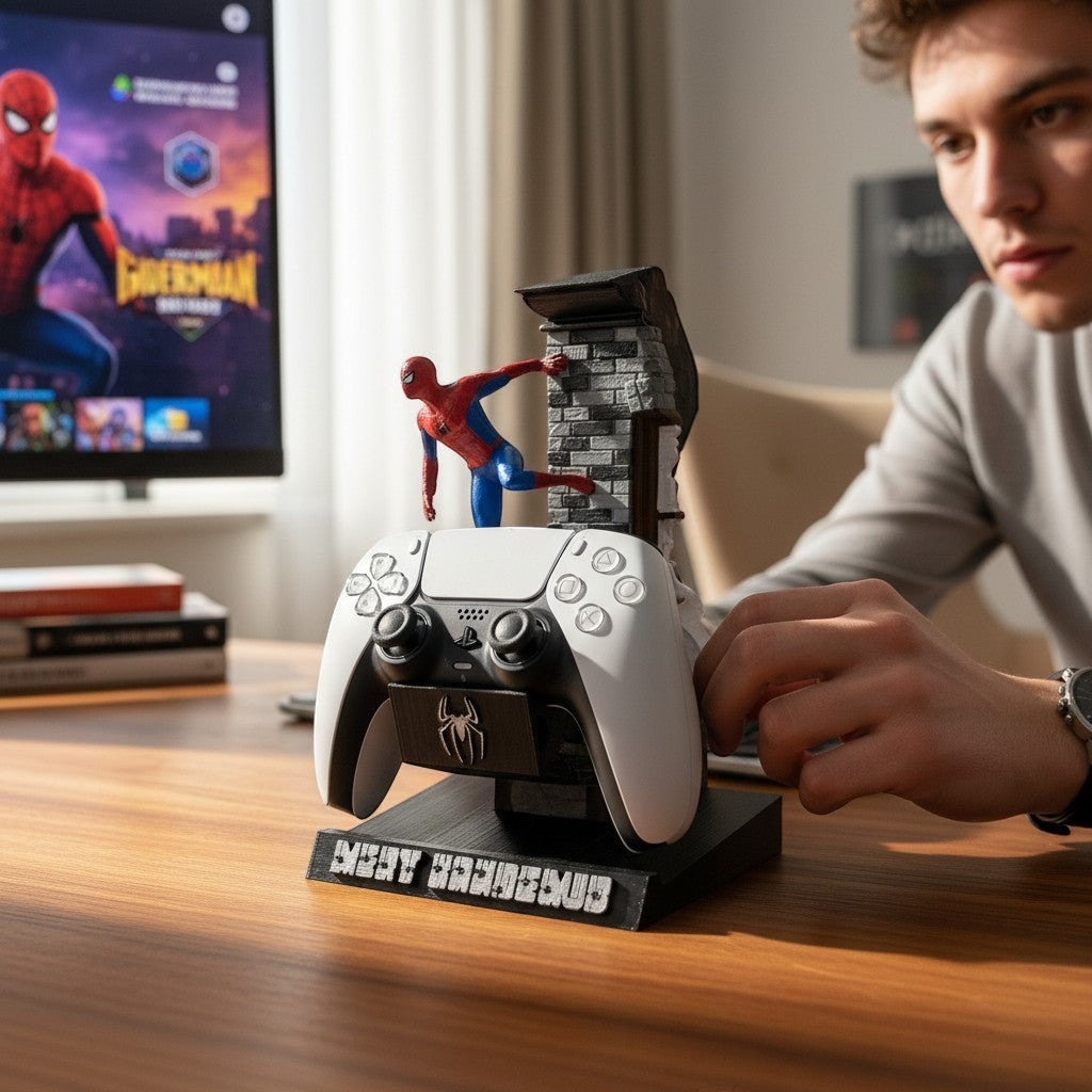 Magicland 3D Spiderman özel tasarım kol tutacağı, PS5 kontrolcüsü için tasarlanmış, Spiderman figürü ve tuğla detaylı bir arka plana sahip.