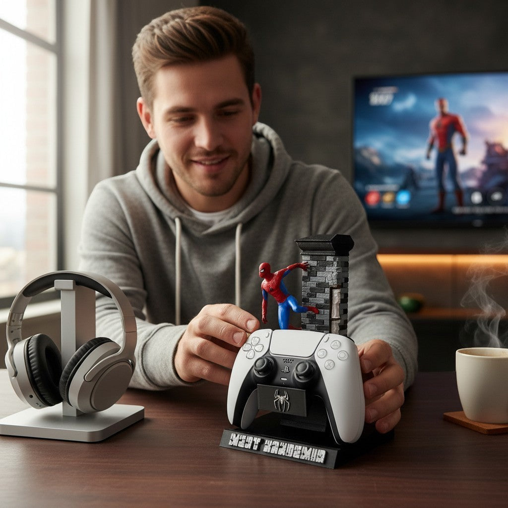 Magicland 3D Spiderman özel tasarım PS5 kontrolcü tutacağı, örümcek adam figürü ve tuğla detaylı arka planı ile.