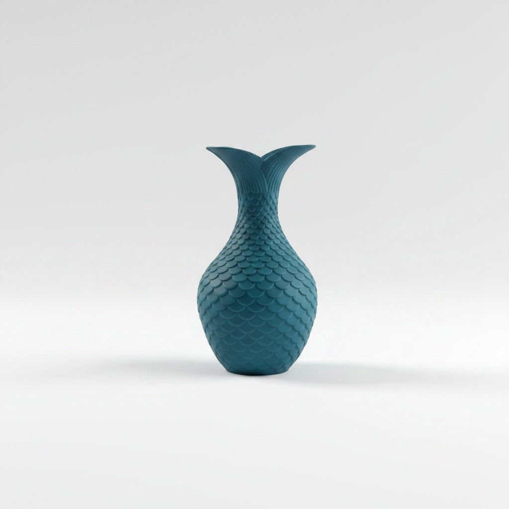 Magicland 3D teal blue decorative vase with a fish scale texture and a fin-like opening.