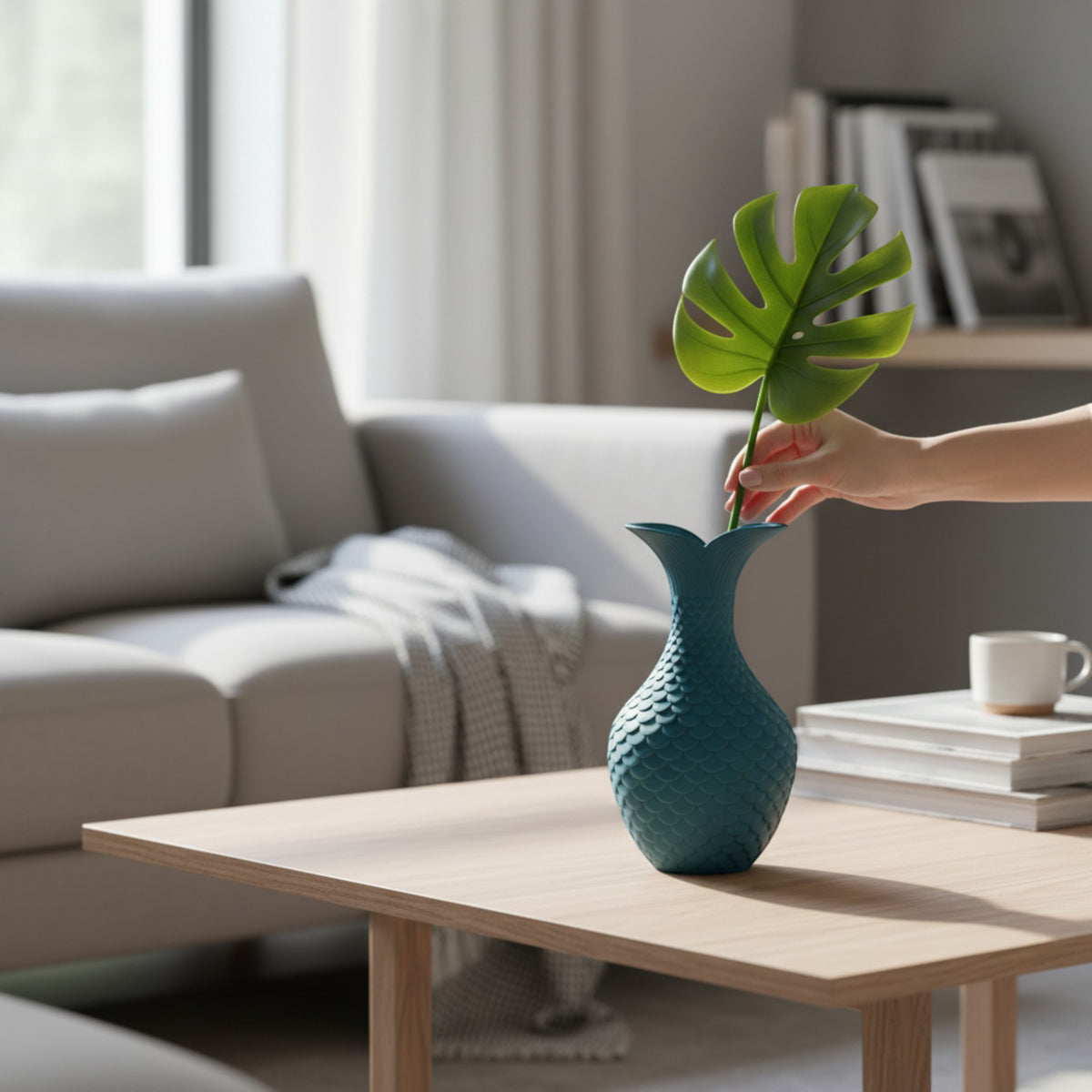 Magicland 3D teal decorative vase with a fish scale texture, holding a monstera leaf in a living room setting.