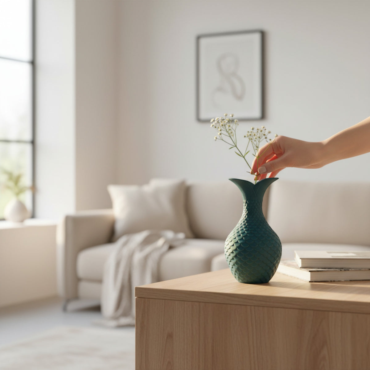 Magicland 3D dark teal decorative vase with a textured scale pattern, shaped like a pineapple, holding delicate white flowers.