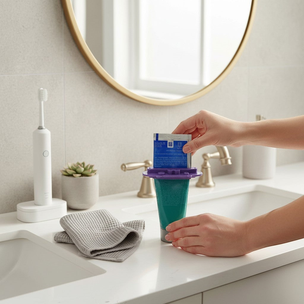 Magicland 3D teal toothpaste squeezer with purple holder, used with a tube of toothpaste.