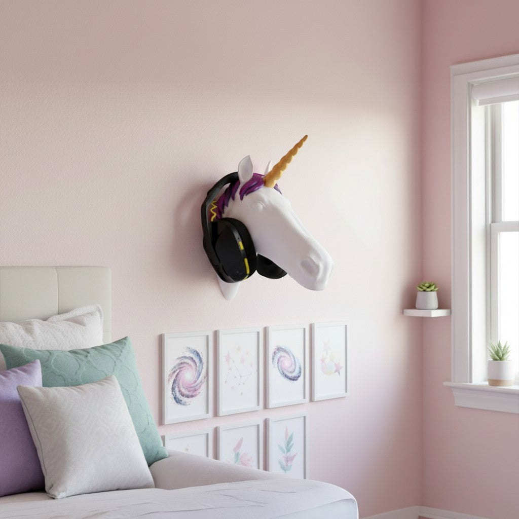 Magicland 3D white unicorn head headphone stand with gold horn and purple mane, mounted on a pink wall.