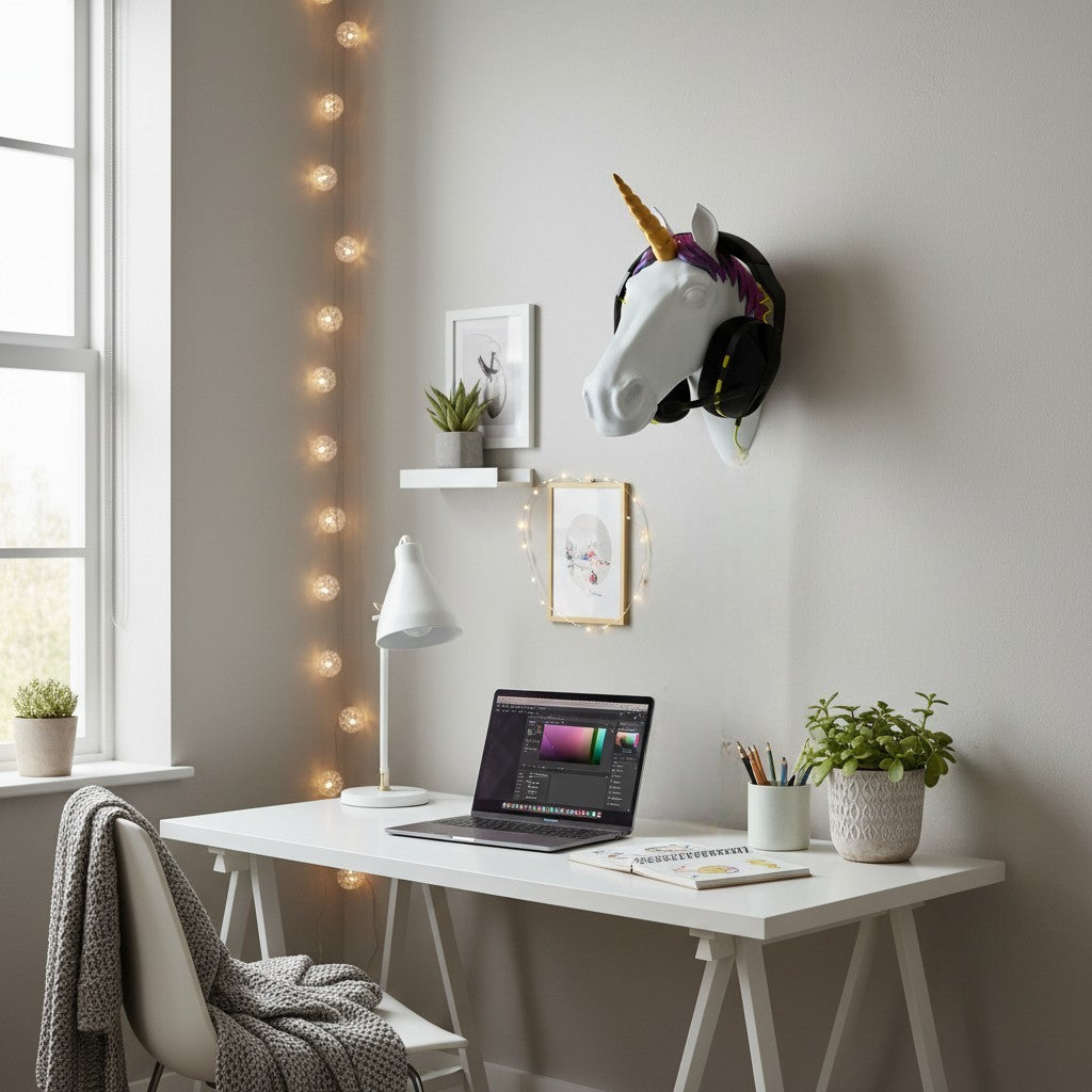 Magicland 3D white unicorn head headphone stand with gold horn and purple mane, holding black headphones.