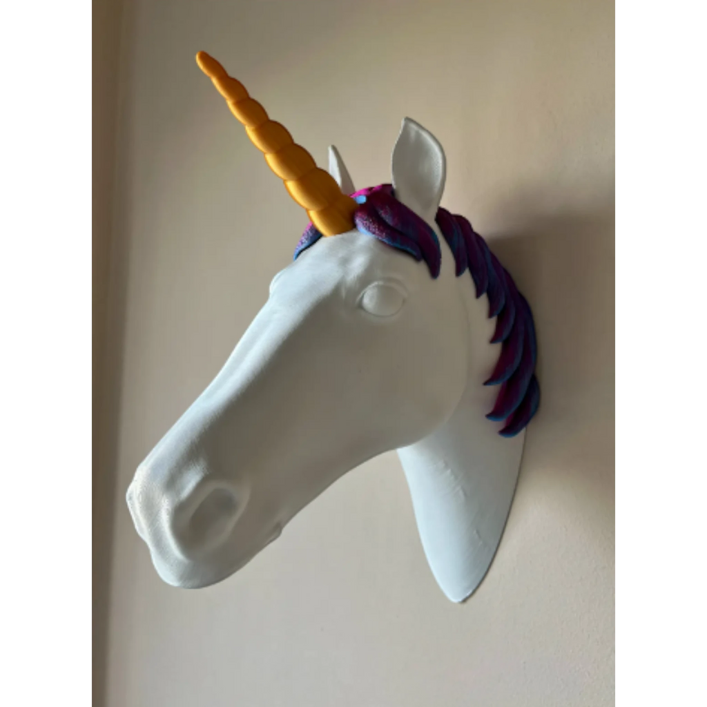 Magicland 3D white unicorn head wall mount with a golden horn and purple mane, ideal for headphone storage.