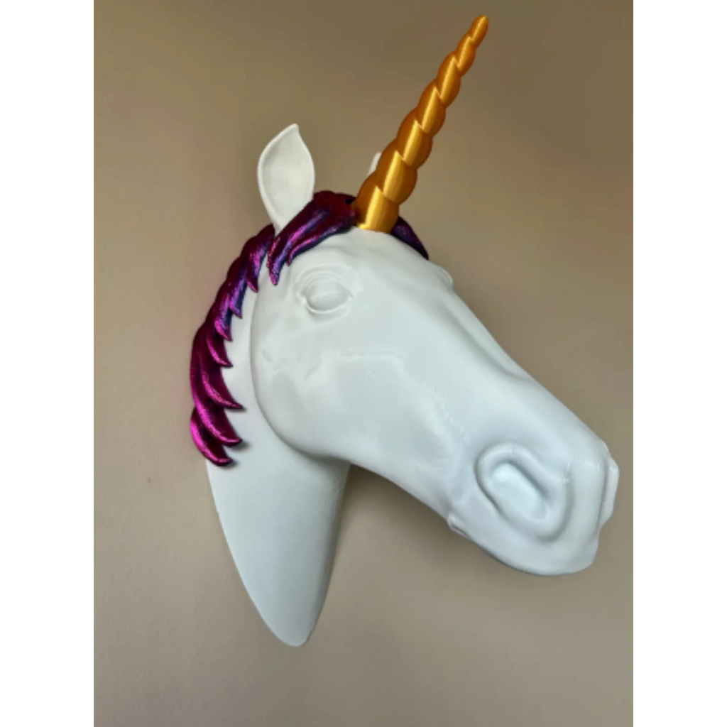 Magicland 3D white unicorn head wall mount with a gold horn and purple mane, ideal for headphone storage.