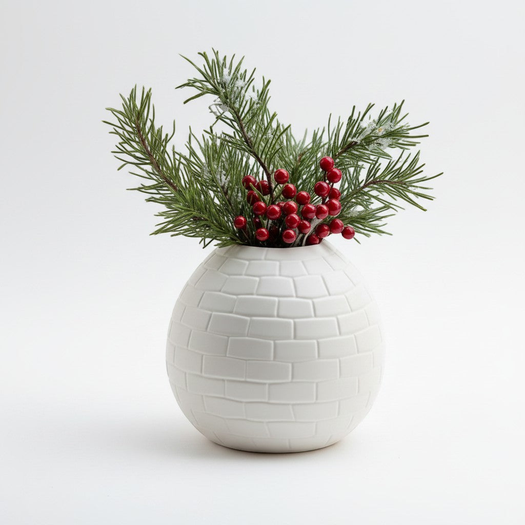 Magicland 3D white igloo-shaped ceramic vase with pine sprigs and red berries, perfect for winter decor.