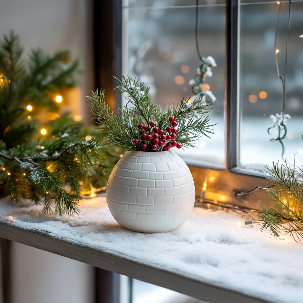 Magicland 3D white igloo-shaped ceramic vase with pine sprigs and red berries, festive winter decor.