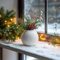 Magicland 3D white igloo-shaped ceramic vase with pine sprigs and red berries, festive winter decor.