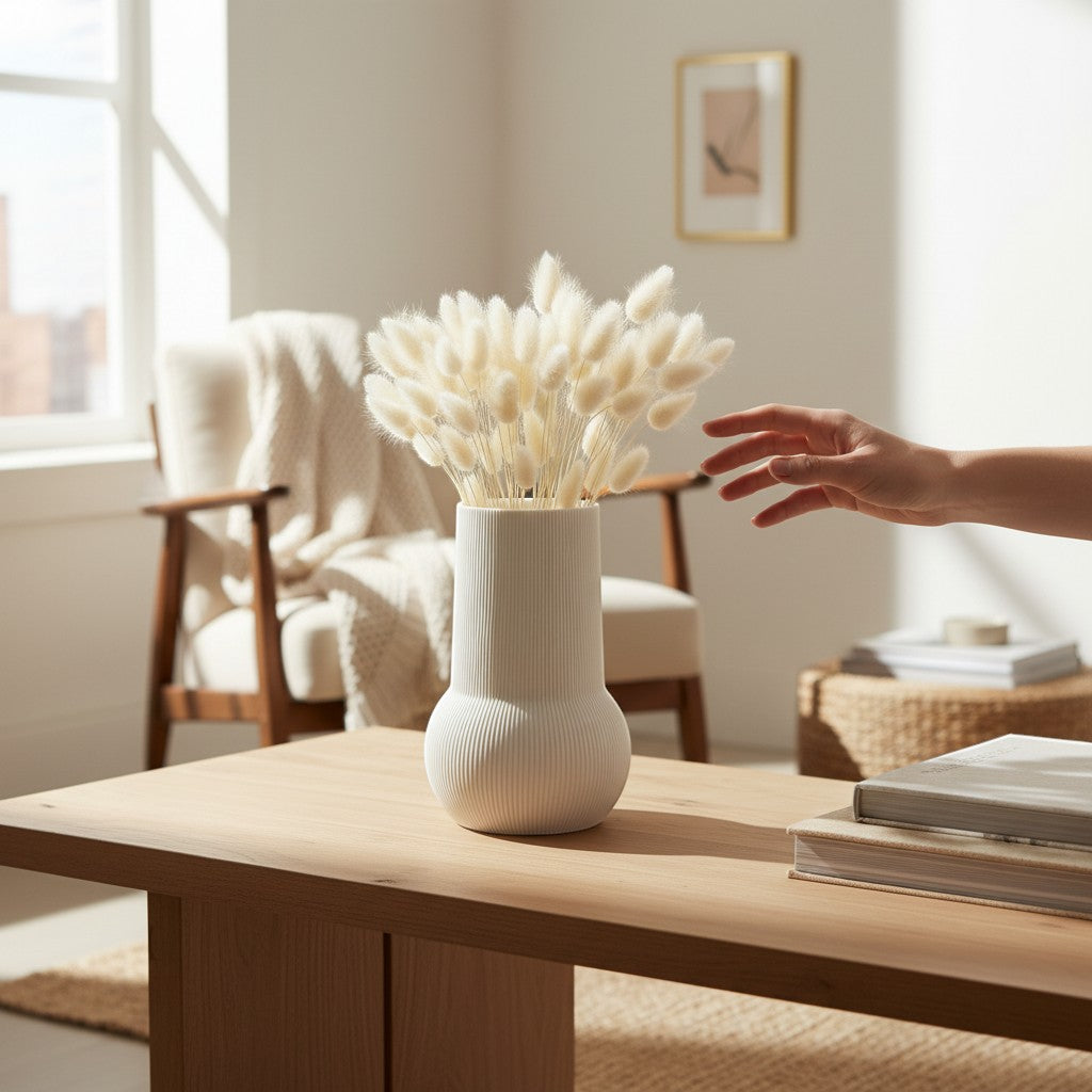 Magicland 3D white ribbed ceramic vase with dried bunny tail grass on a wooden coffee table.