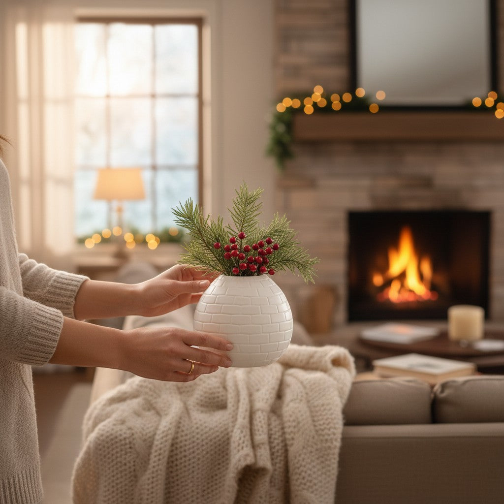 Magicland 3D white textured round vase with pine sprigs and red berries, styled for winter decor.