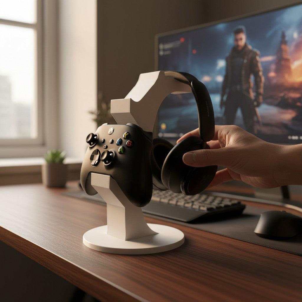 Magicland 3D white stand for Xbox controller and headphones, keeping gaming accessories organised.