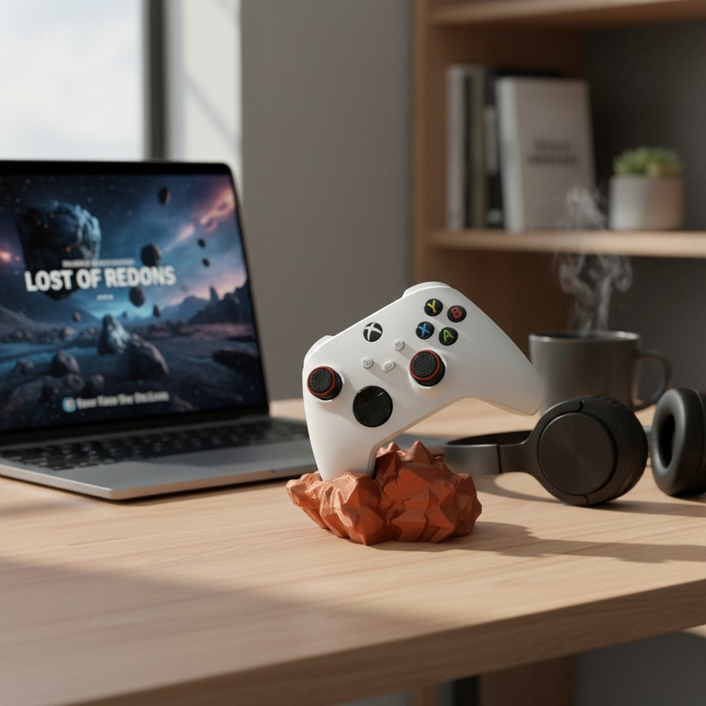 Magicland 3D white Xbox controller on a copper-colored, rocky stand.