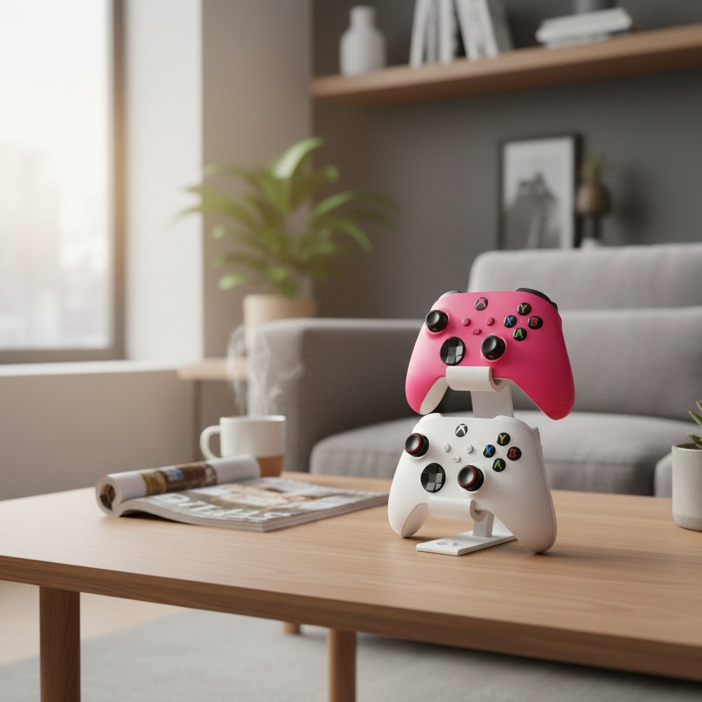 Magicland 3D vertical stand holding a pink and a white Xbox controller. White stand with Xbox logo.