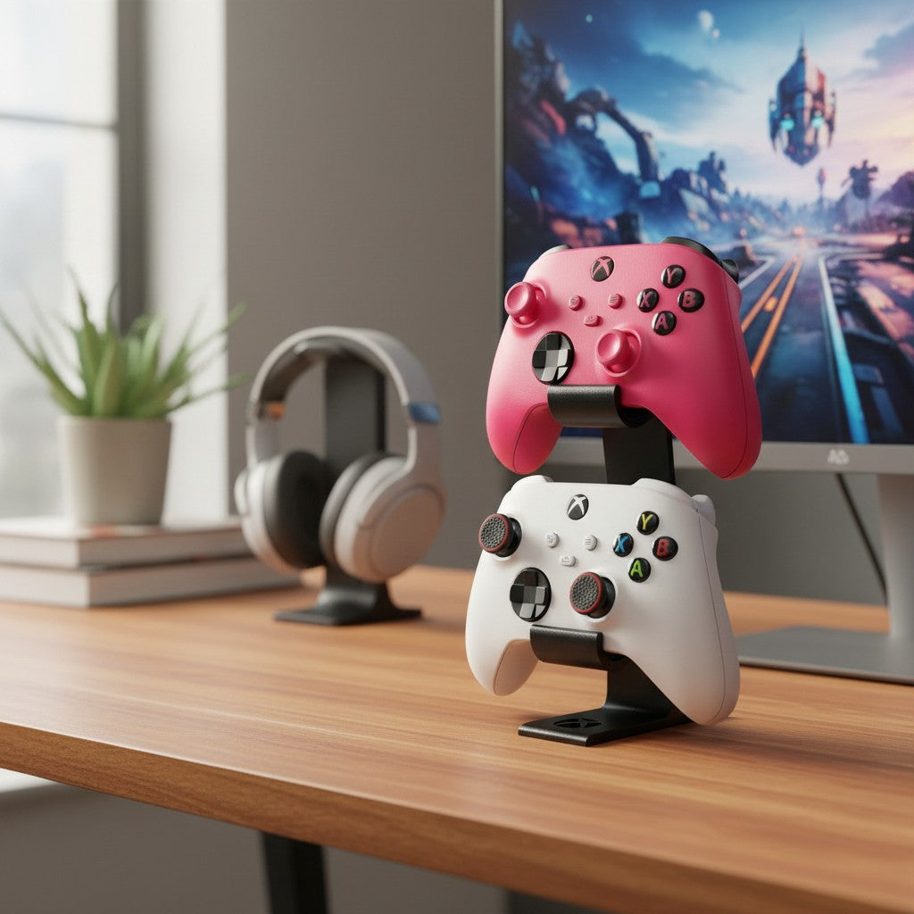 Magicland 3D vertical stand for two Xbox controllers, one pink and one white, on a white background.