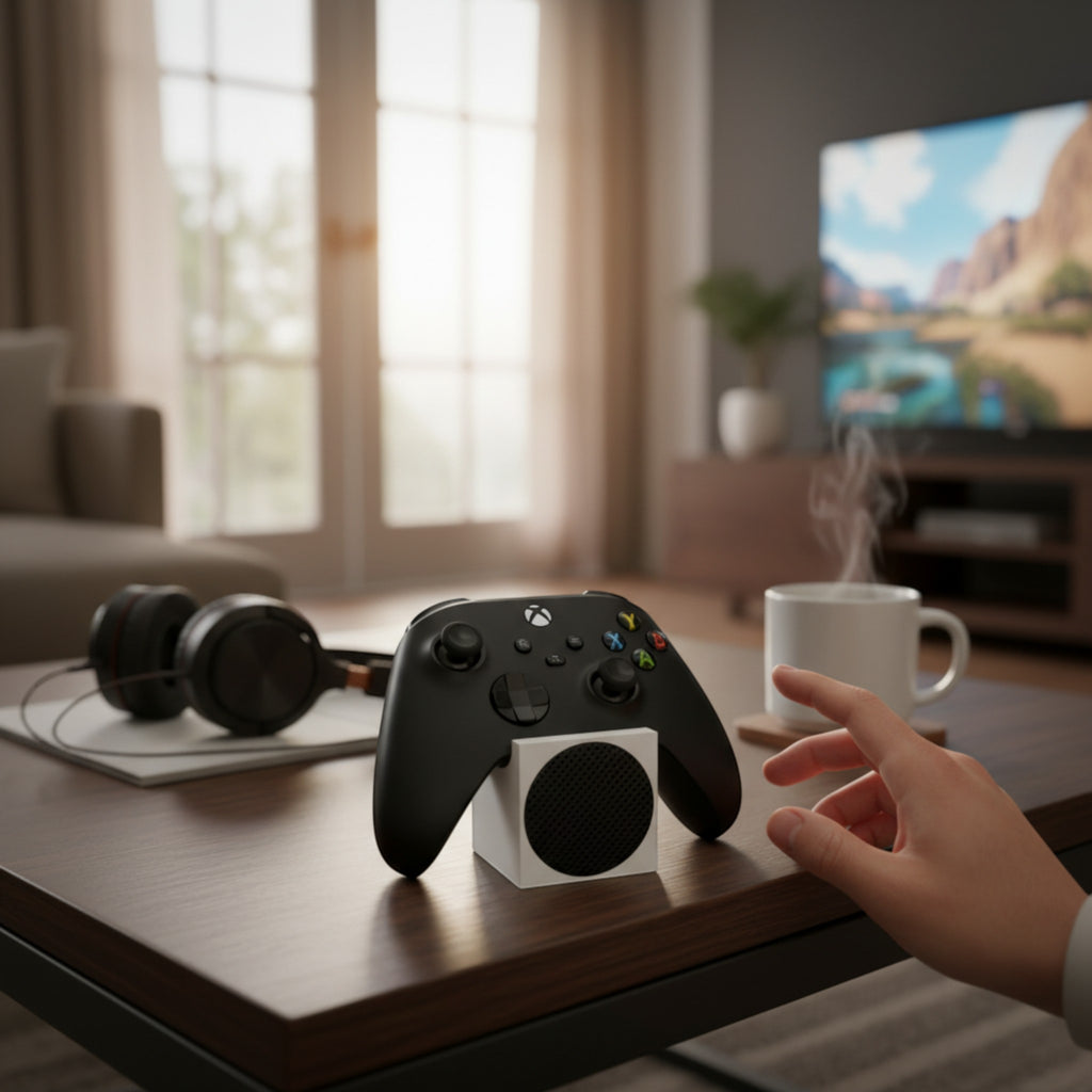 Magicland 3D white stand for Xbox Series S controller, featuring a black textured front. A black Xbox controller rests on the stand.