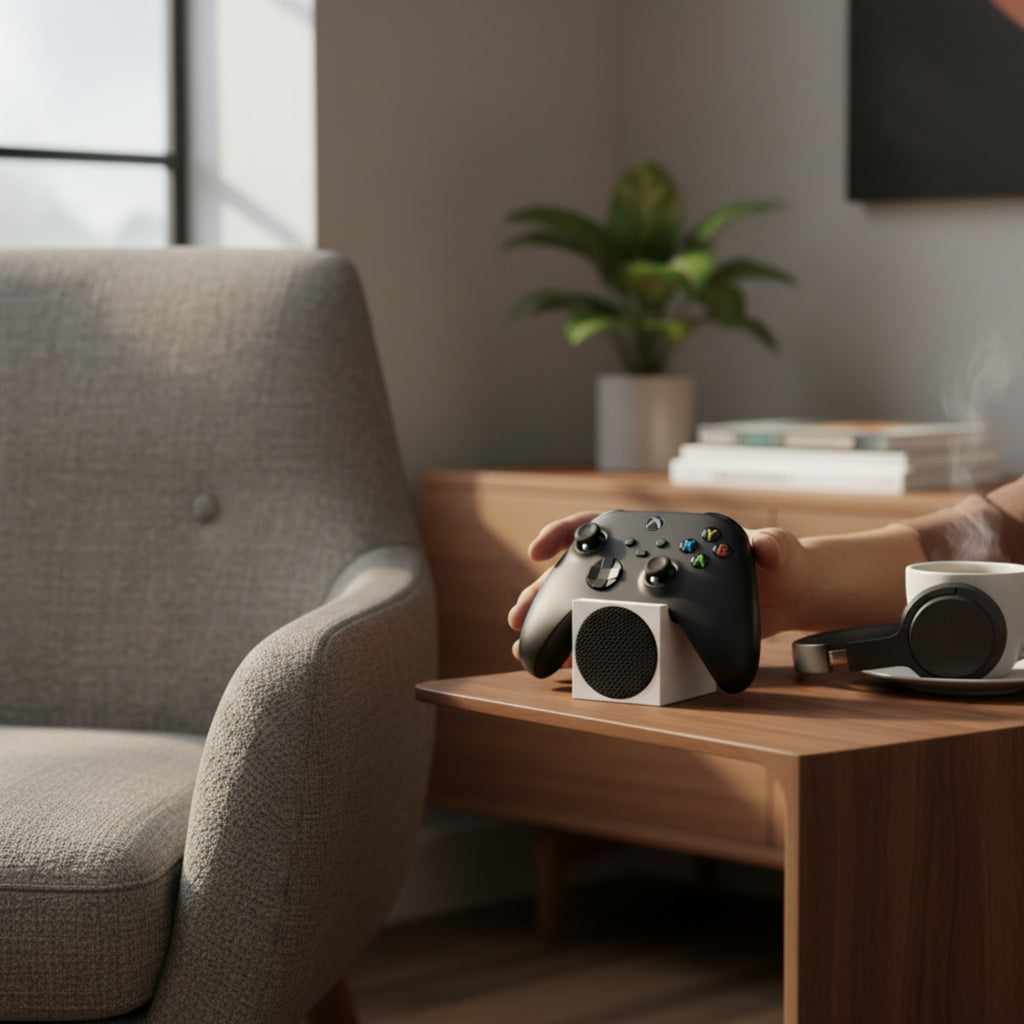 Magicland 3D white Xbox Series S controller stand with black mesh front, holding a black Xbox controller.