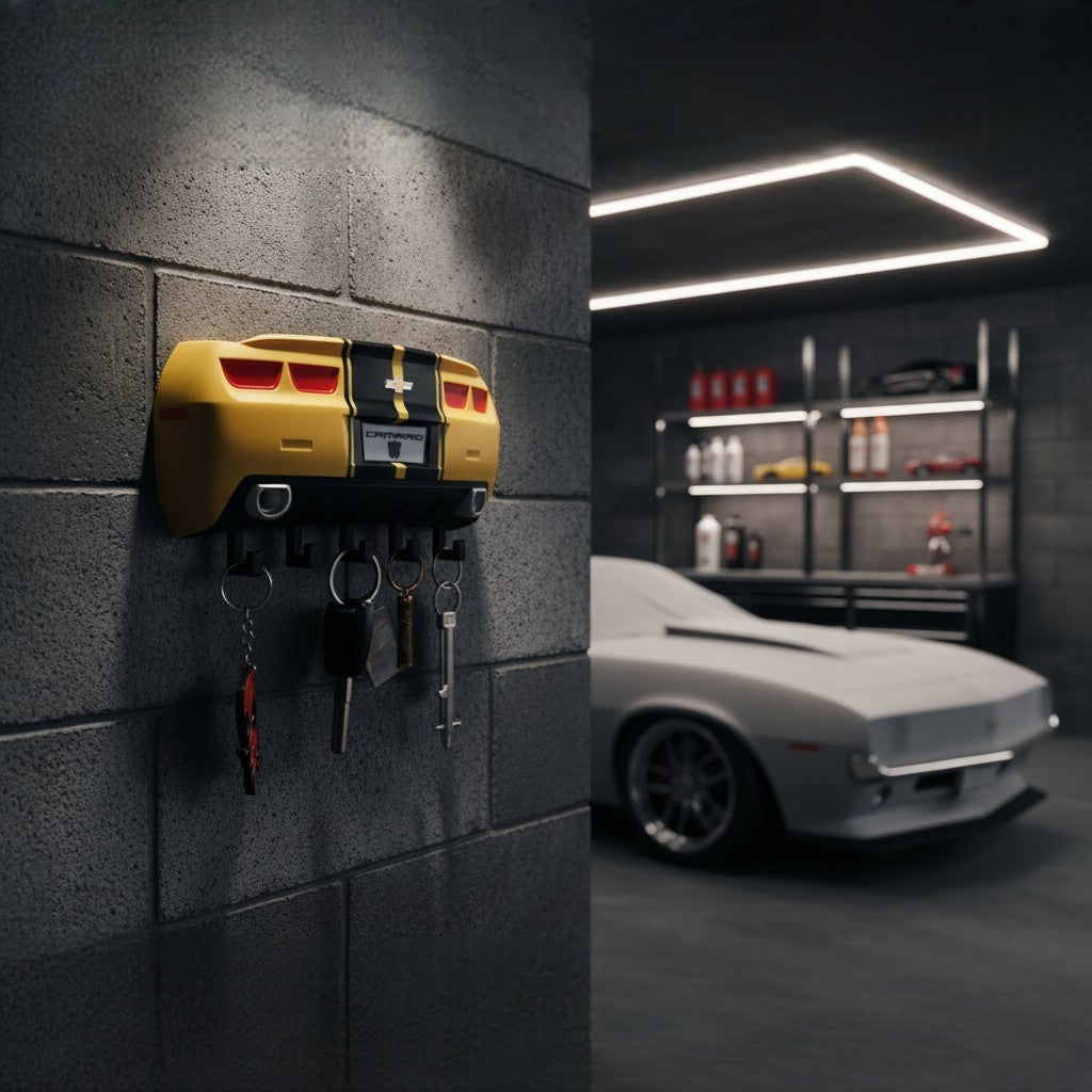 Magicland 3D yellow Chevrolet Camaro rear end key holder with black racing stripes and hooks for keys.