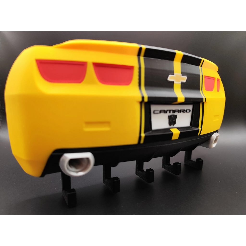 Magicland 3D yellow Chevrolet Camaro rear end key holder with black racing stripes and hooks.