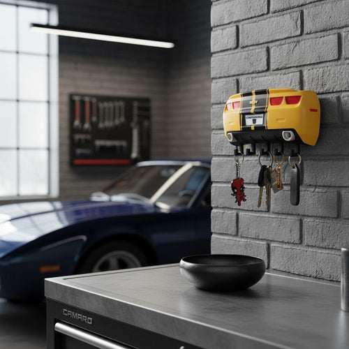 Magicland 3D yellow Chevrolet Camaro rear end key holder with black stripes and 4 hooks.