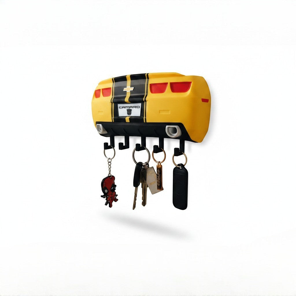 Magicland 3D yellow Chevrolet Camaro rear end key holder with black stripes and hooks