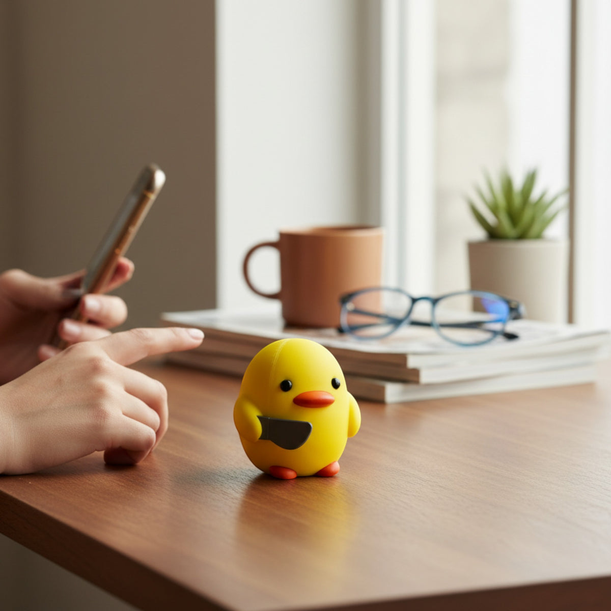 Magicland 3D yellow chick figurine with orange beak and feet, holding a knife. Decorative desk accessory.