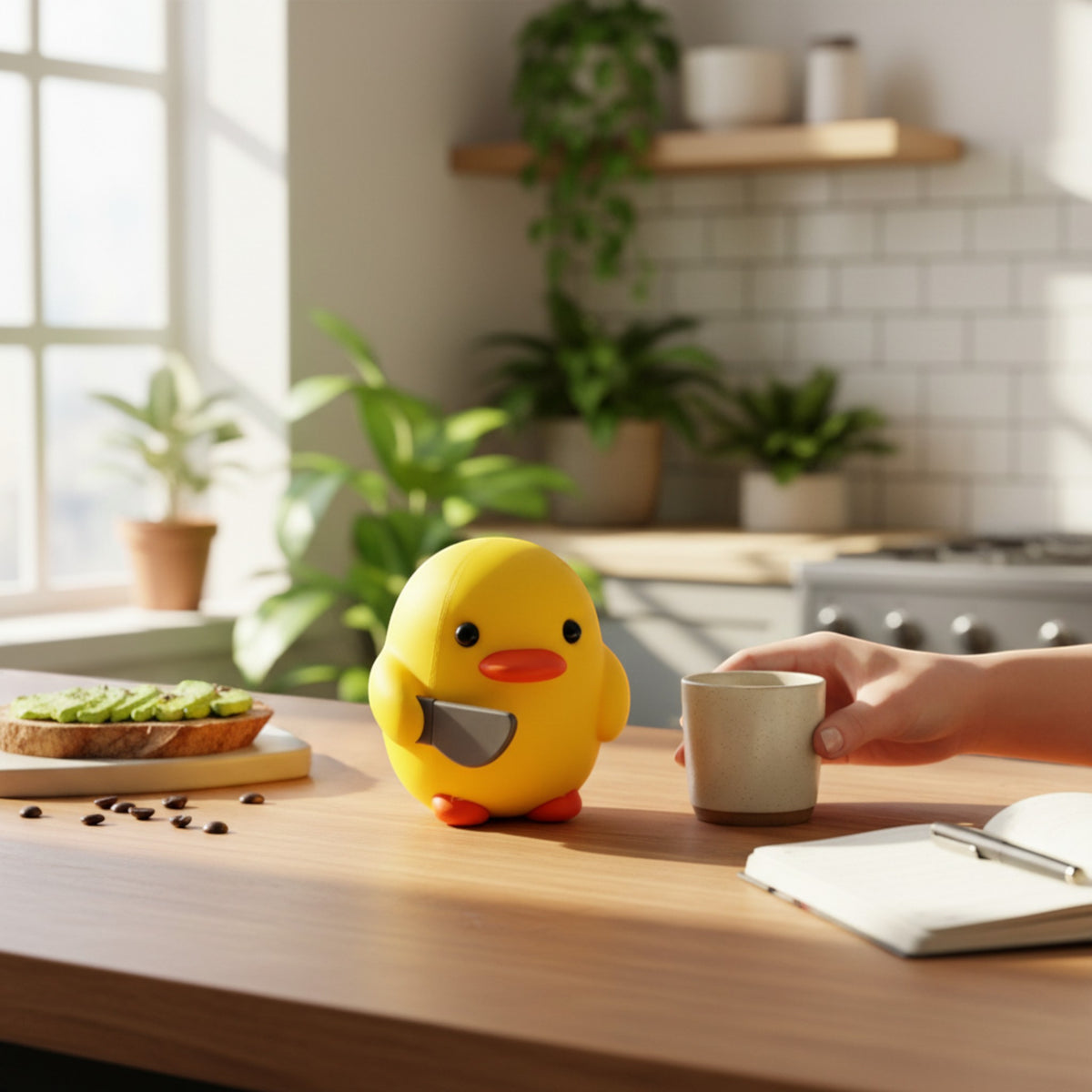 Magicland 3D yellow duck figurine with orange feet and beak, holding a knife, on a kitchen counter.