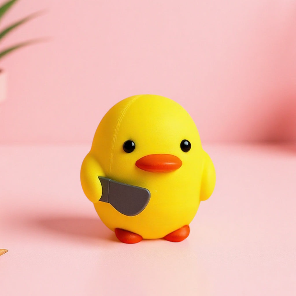 Magicland 3D yellow duck figurine with orange beak and feet, holding a small grey knife. Decorative desk accessory.