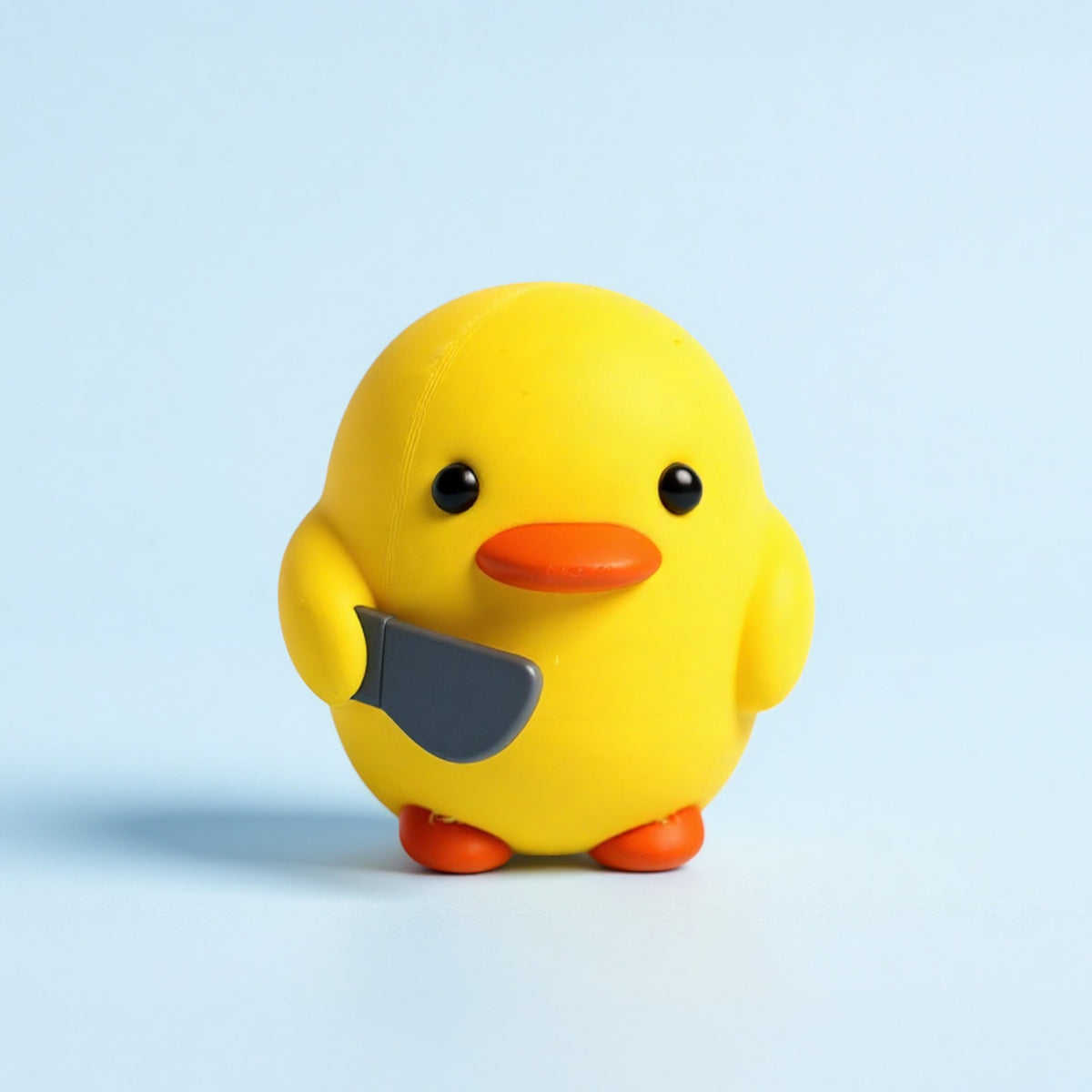 Magicland 3D yellow duck figurine with orange feet and beak, holding a grey knife. Decorative collectible.