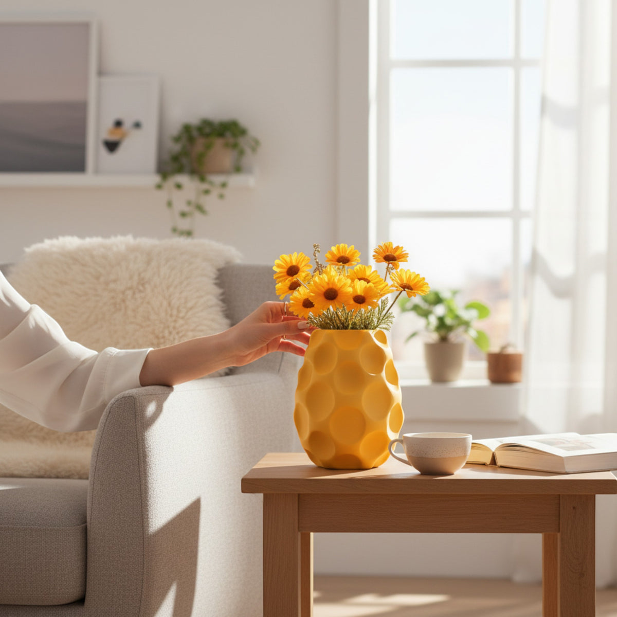 Magicland 3D yellow honeycomb textured ceramic vase with yellow flowers on a wooden table.