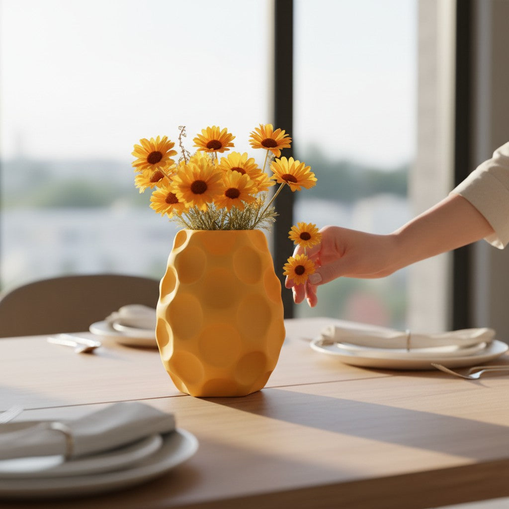 Magicland 3D yellow honeycomb textured decorative vase with yellow flowers in a meadow setting.