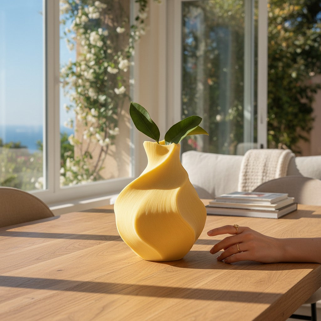Magicland 3D yellow twisted decorative vase with green leaves on a wooden table.