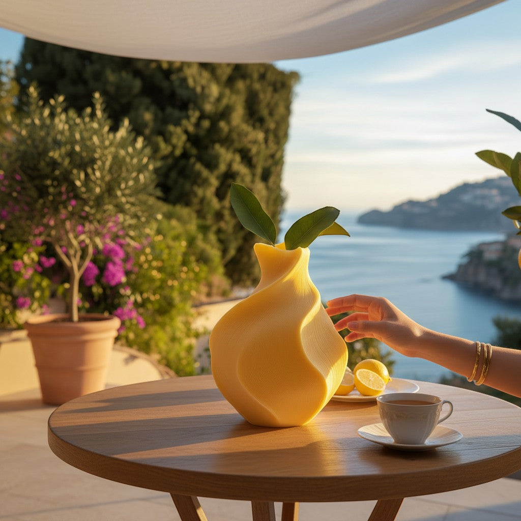 Magicland 3D yellow twisted vase with green leaves, placed on a table with a cup of tea and lemons, overlooking the sea.