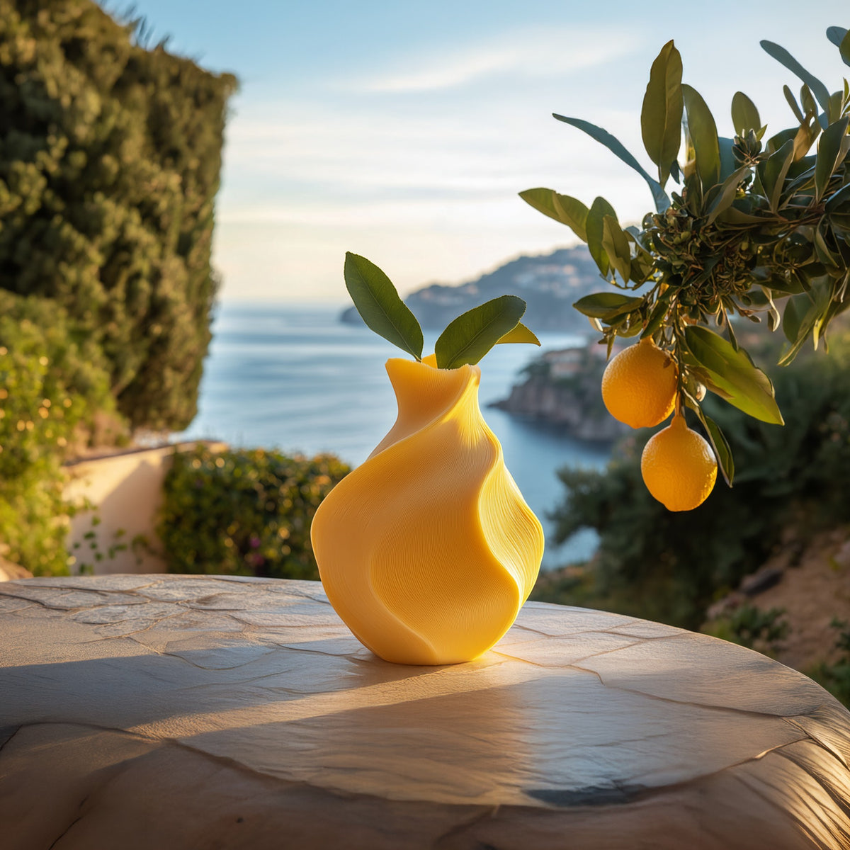 Magicland 3D yellow twisted vase with green leaves, inspired by lemons, on a stone table with a sea view.